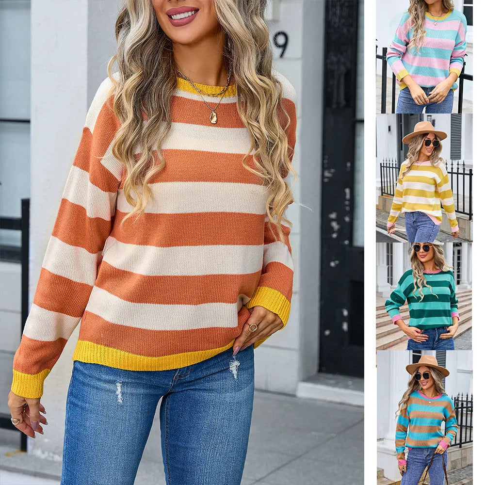 Women's blue striped acrylic loose fit long sleeve sweater with round neck