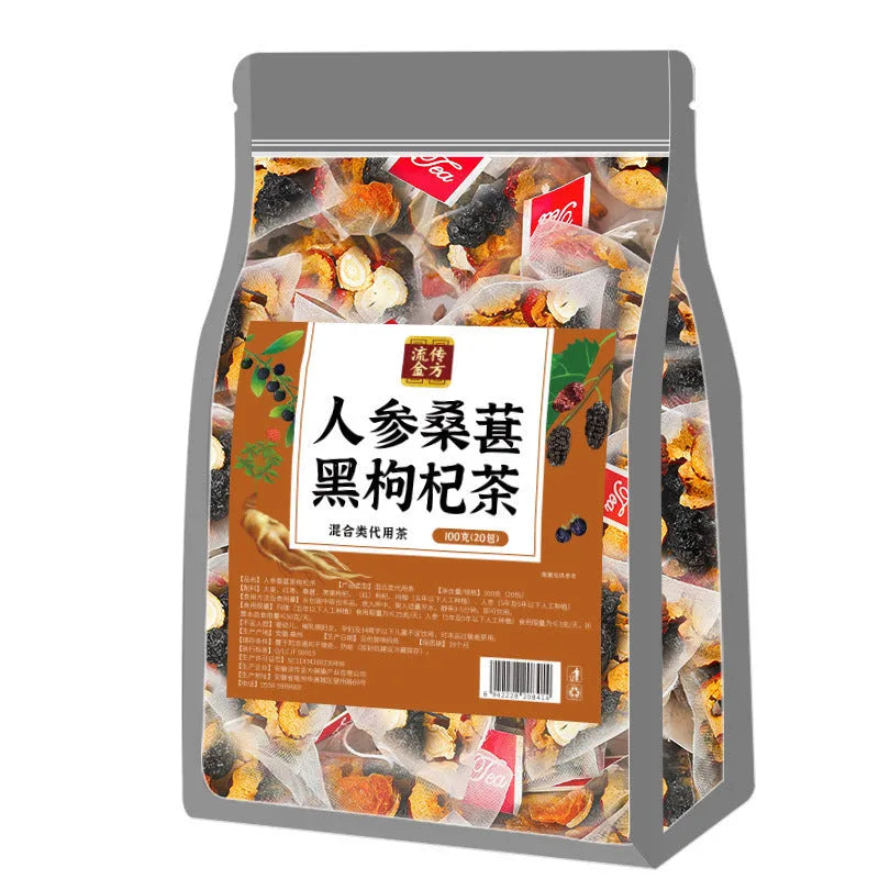 Ginseng black wolfberry tea package with 40 individual herbal tea sachets