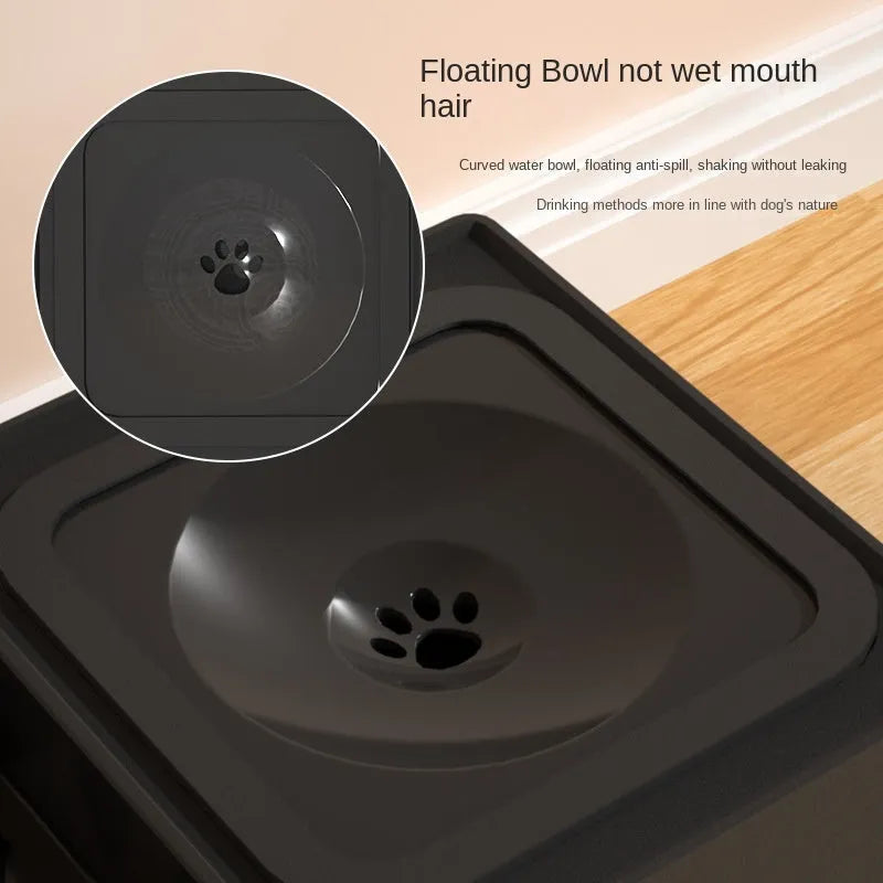 Black adjustable height dog feeding stand with two stainless steel bowls elevated on plastic stand