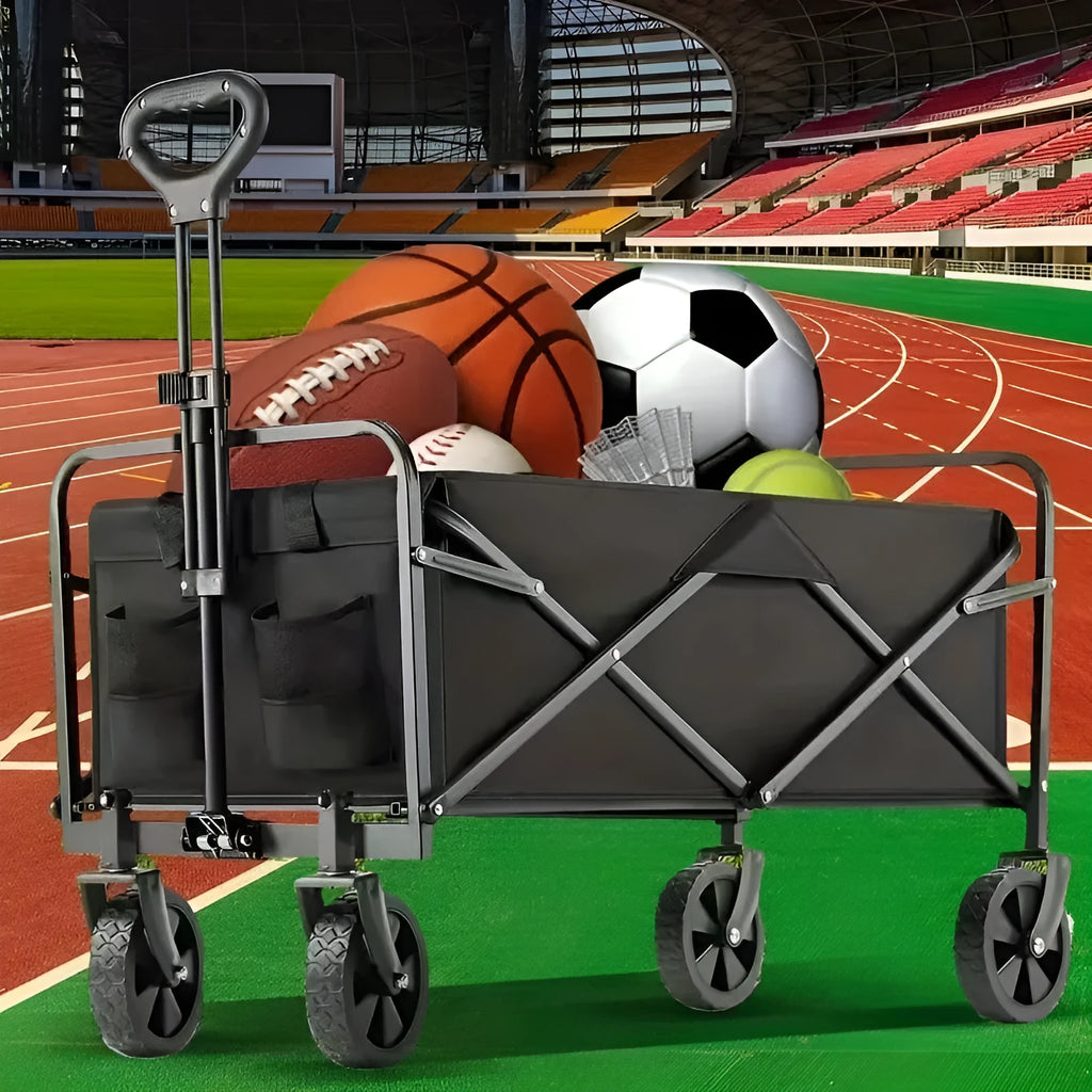 Heavy-duty metal foldable garden wagon cart with integrated storage box, shown collapsed and unfolded.