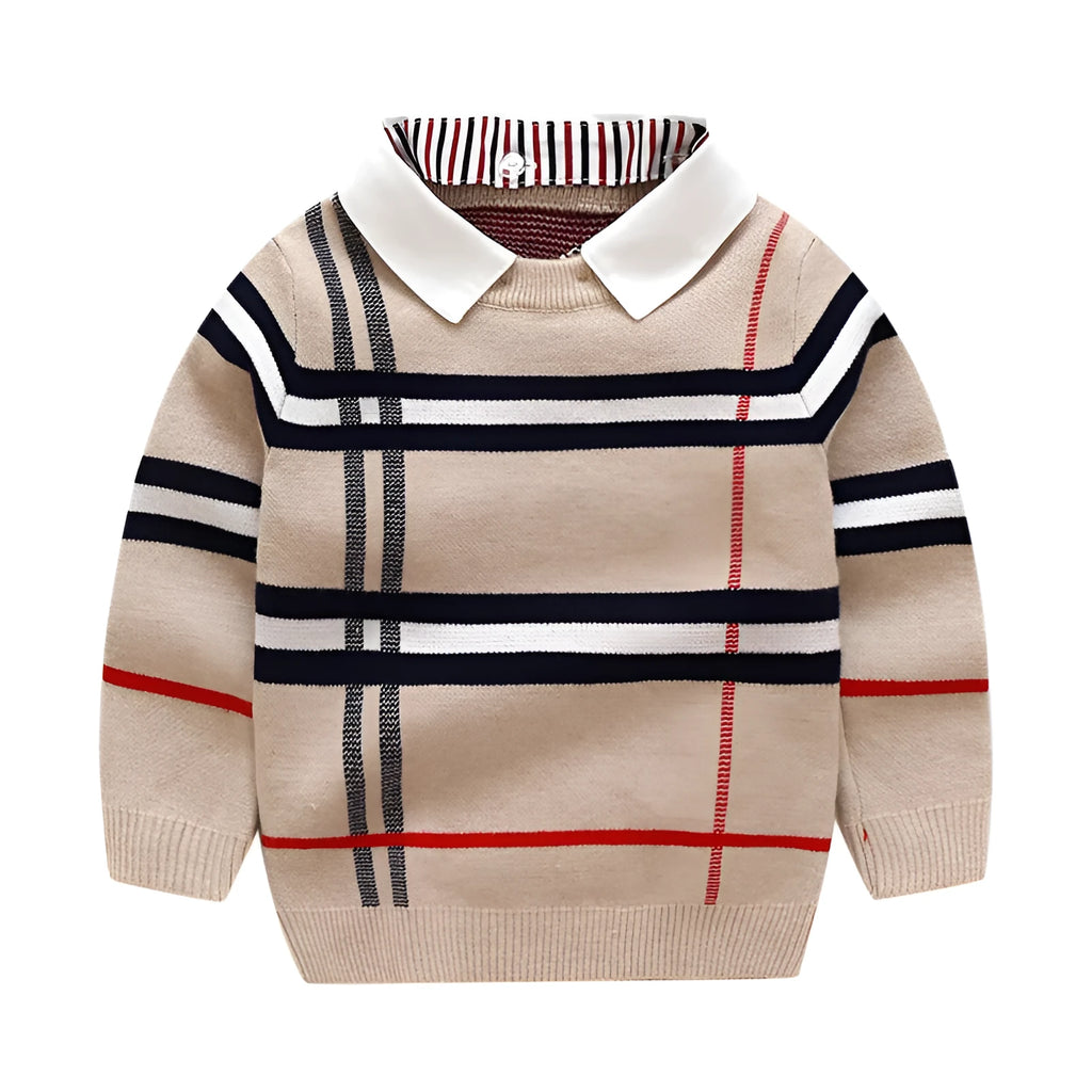 Boys apricot and navy blue plaid jacquard cotton blend long sleeve sweater