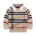 Boys apricot and navy blue plaid jacquard cotton blend long sleeve sweater