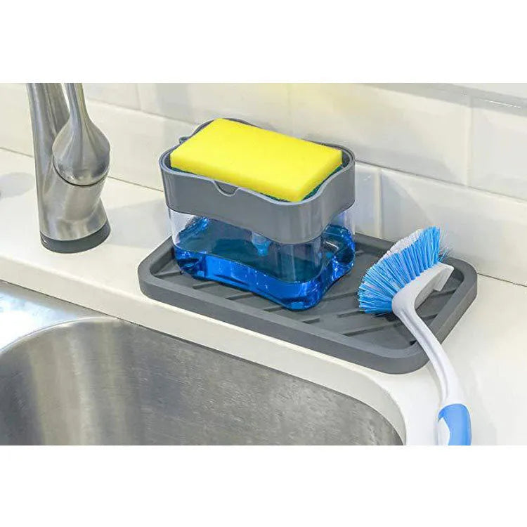 Grey plastic kitchen soap dispenser pump bottle on a countertop