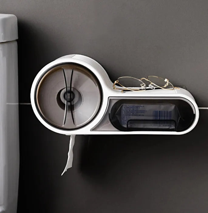 White plastic toilet roll holder with curved design for wall mounting