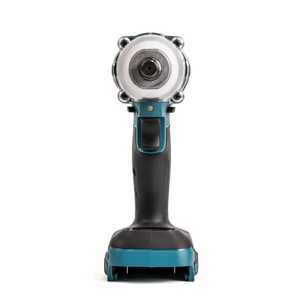Dual use brushless electric impact wrench orange colour with lithium battery and driver head sj1000 on grey background