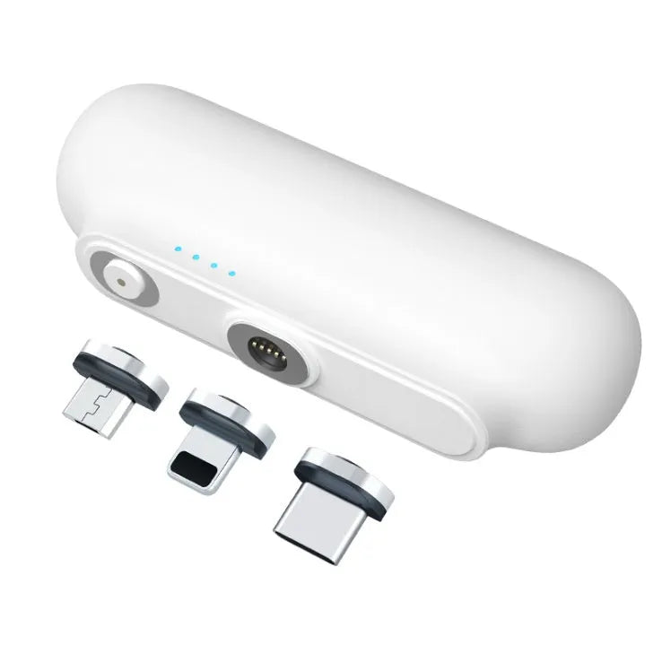 Black 2600mAh mini portable charger with magnetic cable and blue LED indicator on a white background