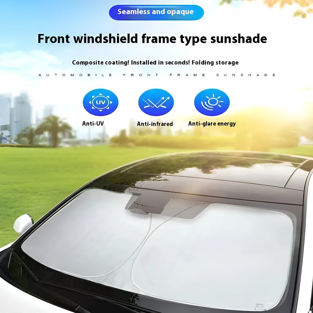 Titanium silver aluminium foil car sunshade folded, showing reflective surface and size options.