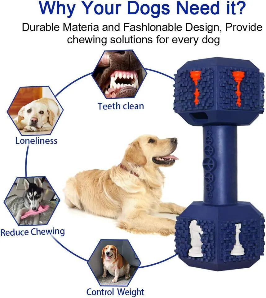 Black and blue durable rubber dumbbell dog chew toy with textured surface for aggressive chewers.