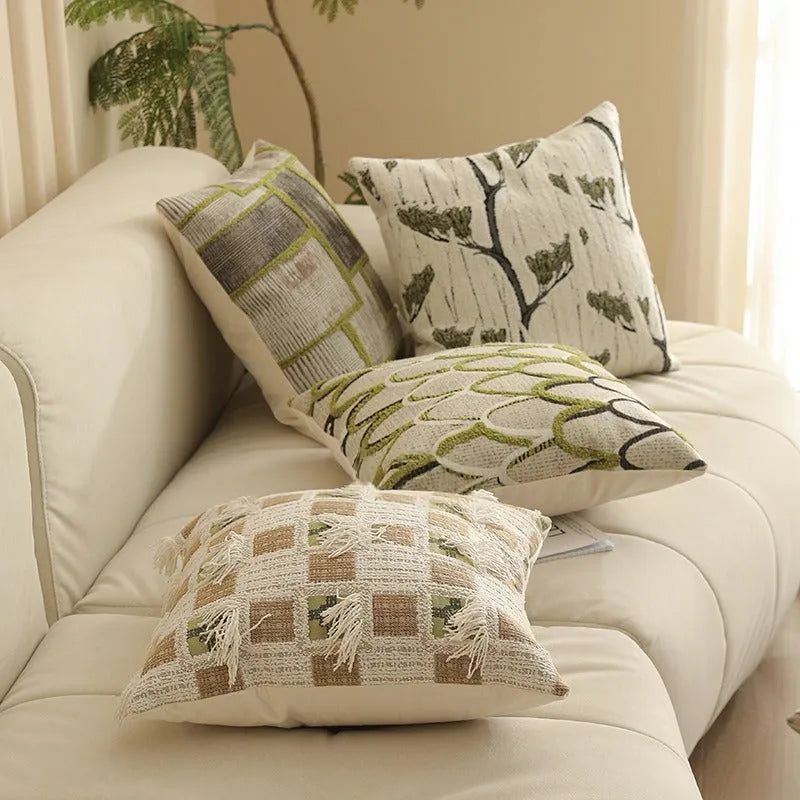 Close-up of a textured jacquard floral pillow cover in a 45cm square size, showcasing yarn-dyed pattern details.