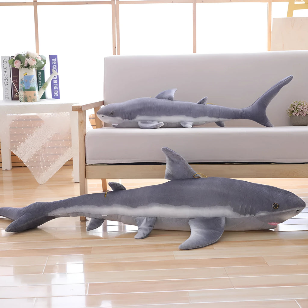 Lifelike soft shark plush toy in shark colour, available in 60cm, 100cm, and 140cm heights, net pocket packaging