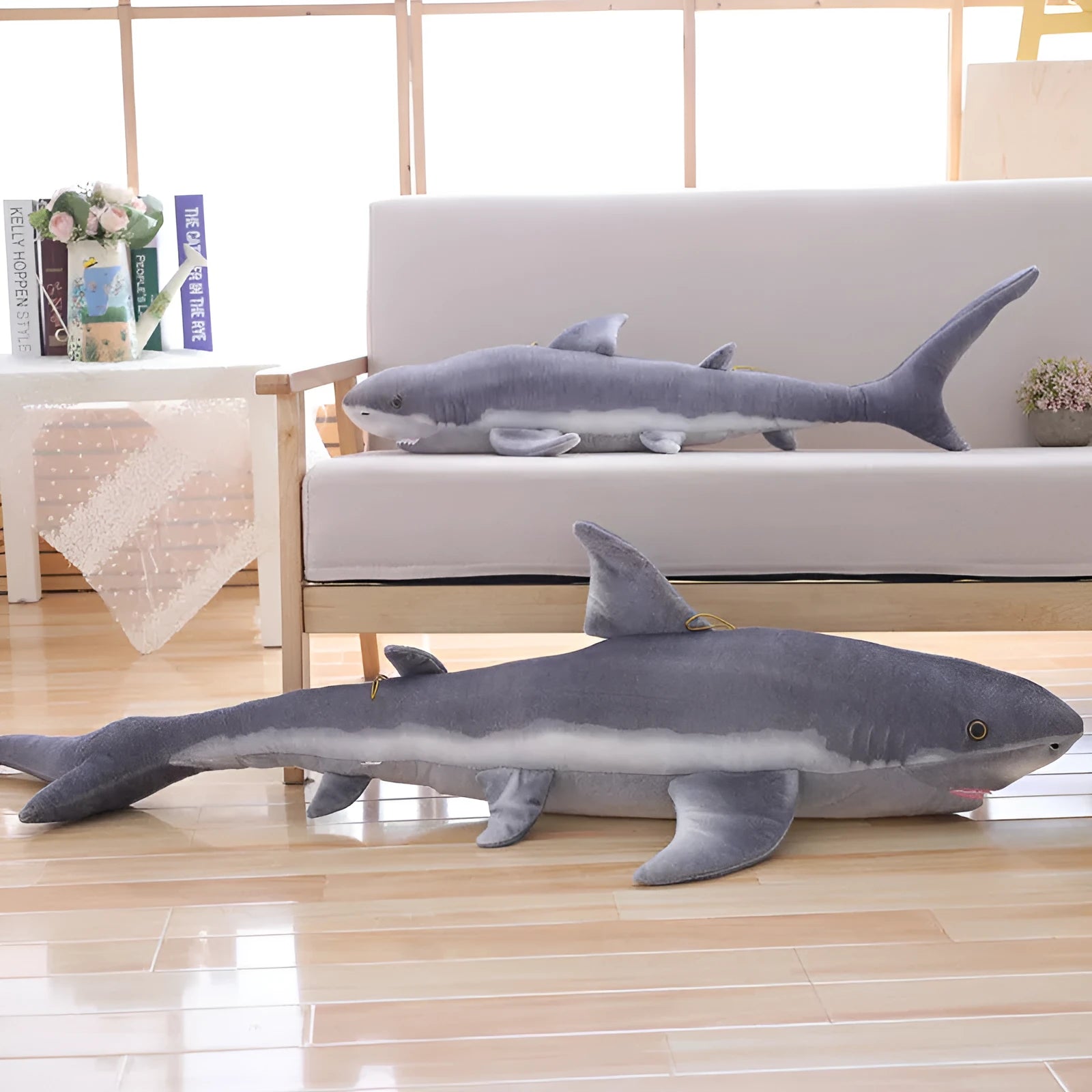 Lifelike soft shark plush toy in shark colour, available in 60cm, 100cm, and 140cm heights, net pocket packaging
