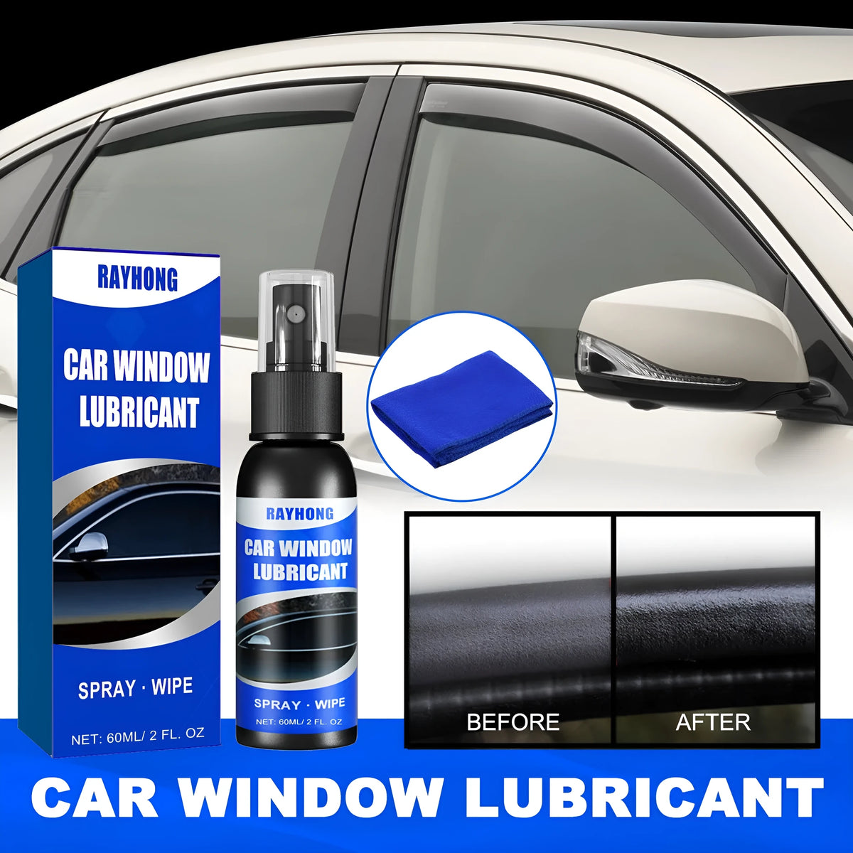 Rayhong 60ml window lubricant bottle with cloth for car window and sunroof noise elimination
