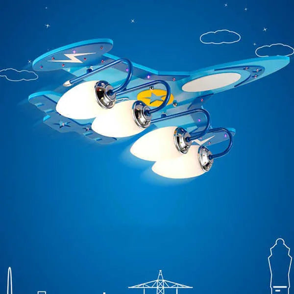 Cartoon aeroplane design remote-control LED ceiling light with rectangular glass shade for a child's room.