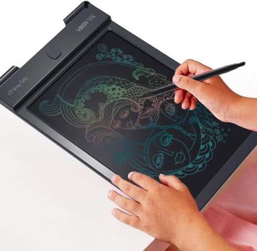 Black electronic LCD tablet with full perspective screen on flat surface