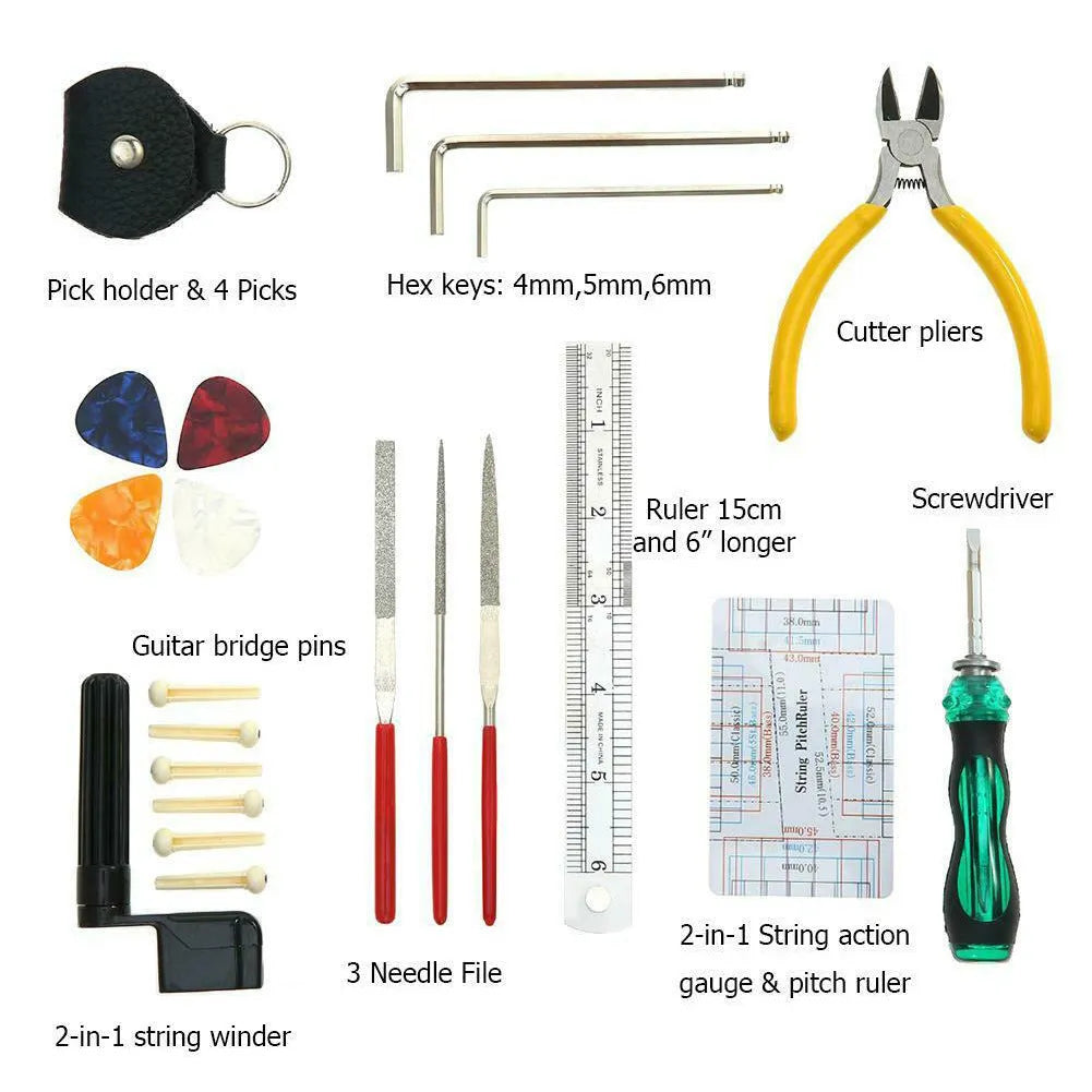 Black zippered case open to reveal 21 metal and plastic guitar repair tools including cutters, wrenches, and a winder.