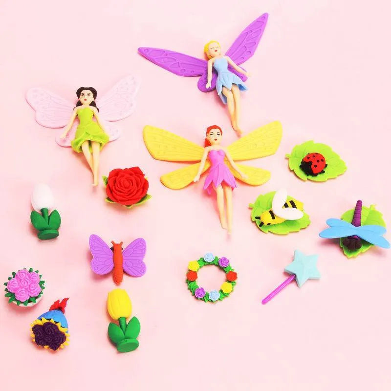 Flower Fairy eraser suit set with 12 cartoon character pencil erasers in Flower Fairy and mermaid designs