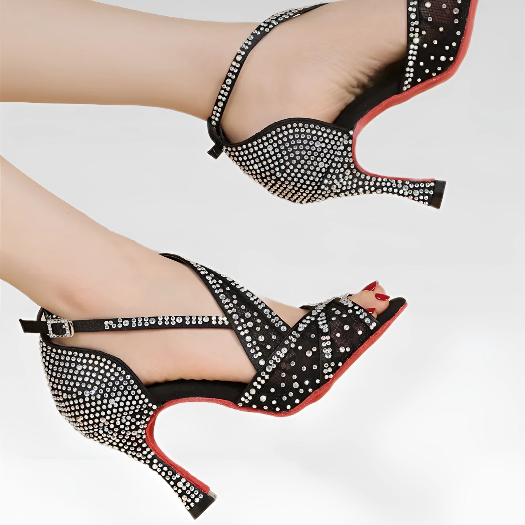 Women's diamond-embroidered Latin dance shoes with mesh upper, black heel 7.5cm, sizes 34-43