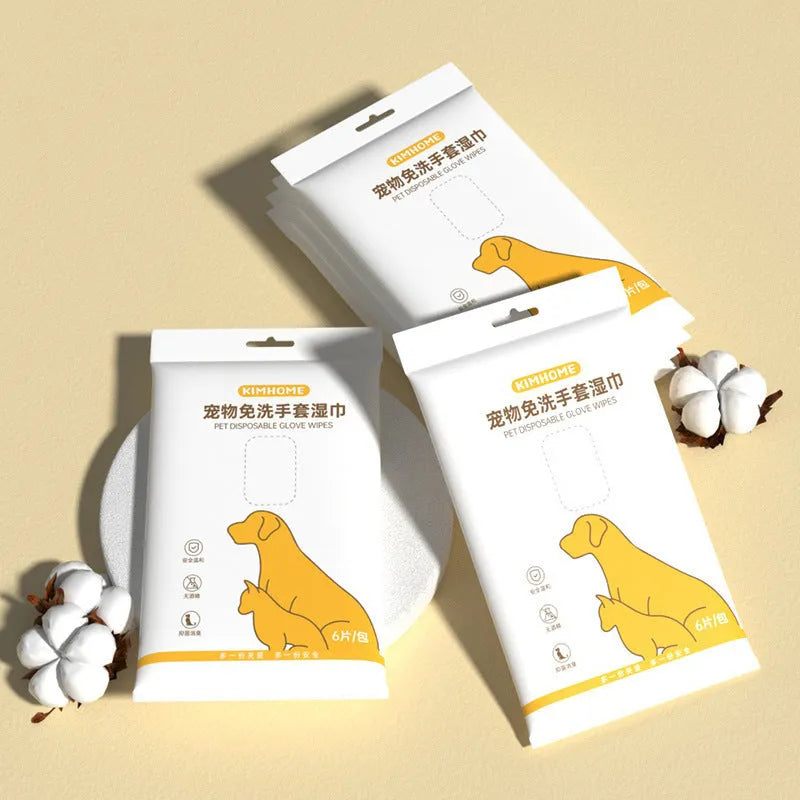Pack of 6 disposable pet bath gloves for cats and dogs, pre-moistened wipes