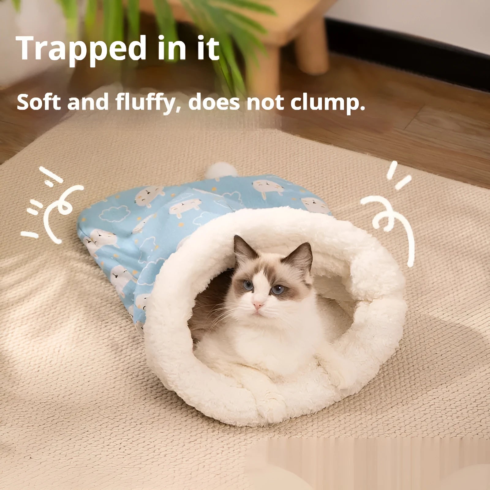 Blue rabbit design flannel-lined cat sleeping bag nest bed measuring 50 by 40 centimetres.