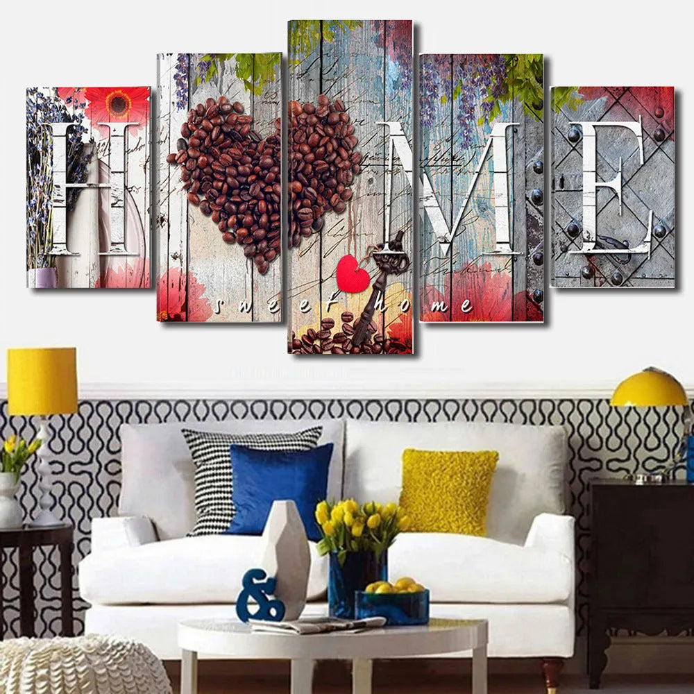 Set of red unframed oil painting decoration boards in graduated sizes arranged on a wall.