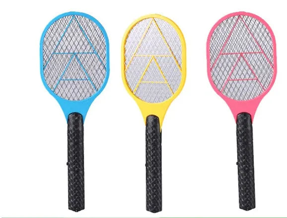 Blue battery-operated electric mosquito swatter with mesh grid, measuring 45cm long.