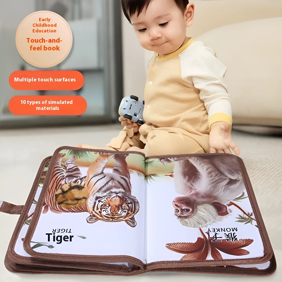 Infant touching textured page of animal sound book with colourful illustrations and button