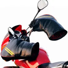 Black leather motorcycle handlebar muffs with widened sleeve mouth for winter scooter and curved beam bike use