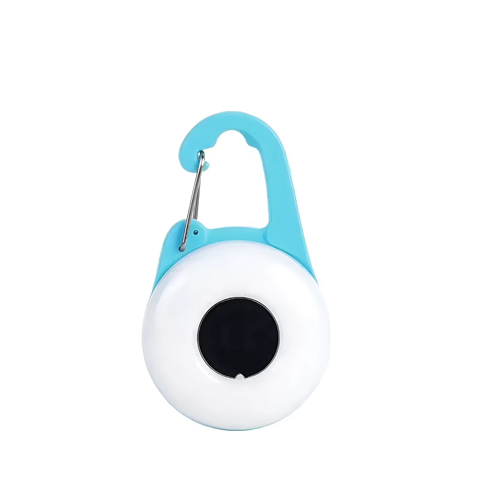 Blue USB rechargeable LED dog collar light with adjustable silicone strap shown on a black dog collar.