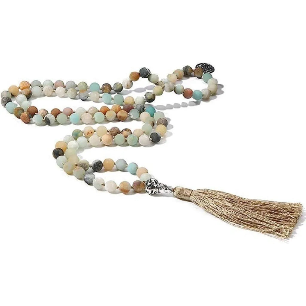 Handmade long necklace with 108 knotted 8mm natural stone beads in geometric shapes.