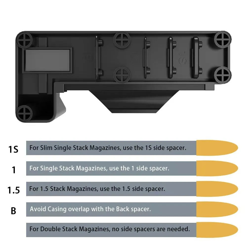 Black plastic universal pistol magazine ramp loader on white background