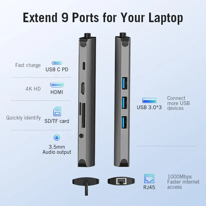 Deep grey USB-C to HDMI, Ethernet, and USB 3.0 multi-port adapter hub on a desk.