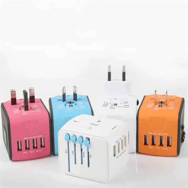 Multi-function travel socket adapter with USB charger, PC shell, black, 66x53x52mm, 4 socket holes for global use