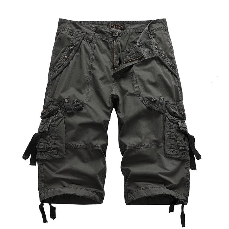 Men's cotton cargo shorts in khaki with multiple side pockets and straight leg