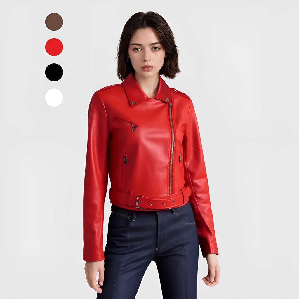 Women's black PU imitation leather motorcycle jacket with an adjustable waist belt, shown front-on.
