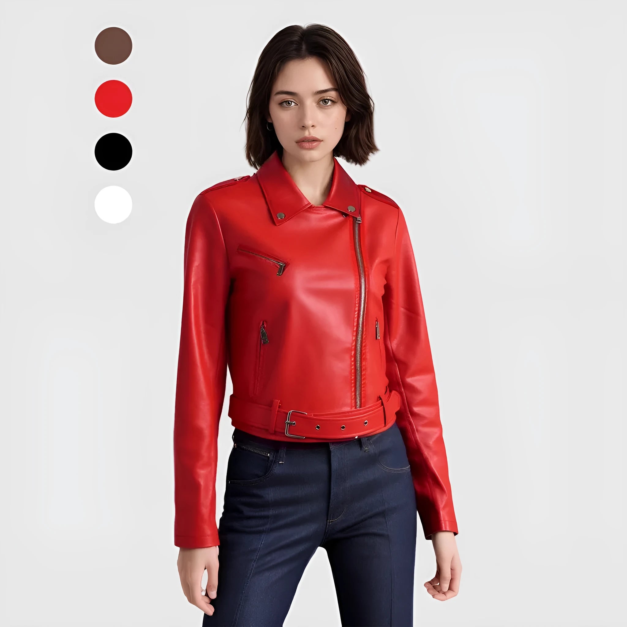 Women's black PU imitation leather motorcycle jacket with an adjustable waist belt, shown front-on.