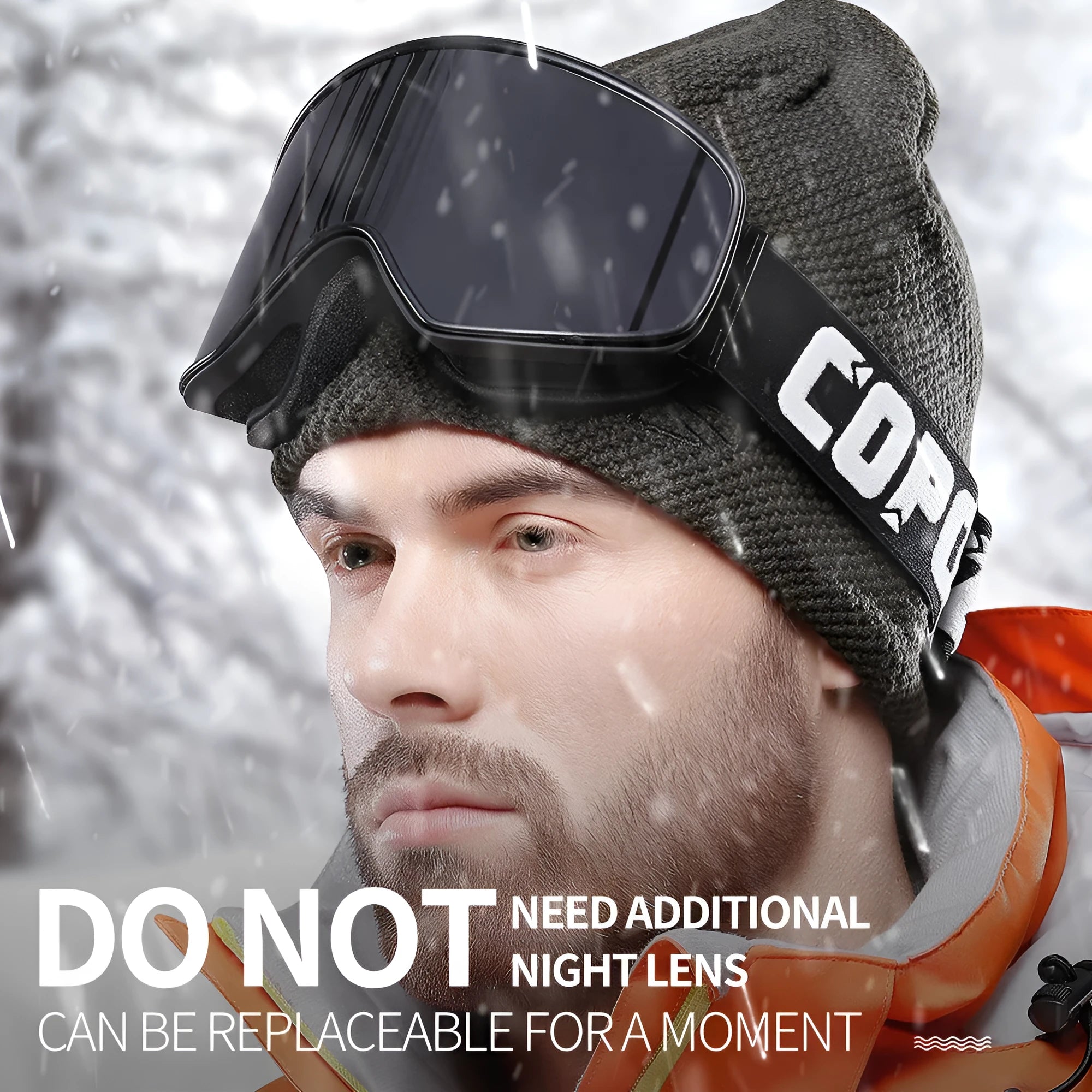 Magnet myopia night vision ski goggles in white frame with blue tablet, double-layer anti-fog PC+TPU design