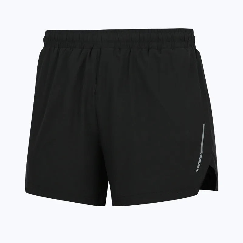 Men's gray straight-leg quick-dry running shorts laid flat, showing moisture-wicking polyester fabric.