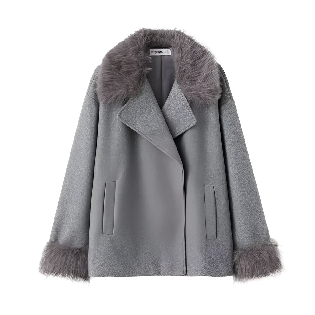 Women's grey mid-length hooded belted wool cape coat with faux fur collar, long sleeves, patch pockets