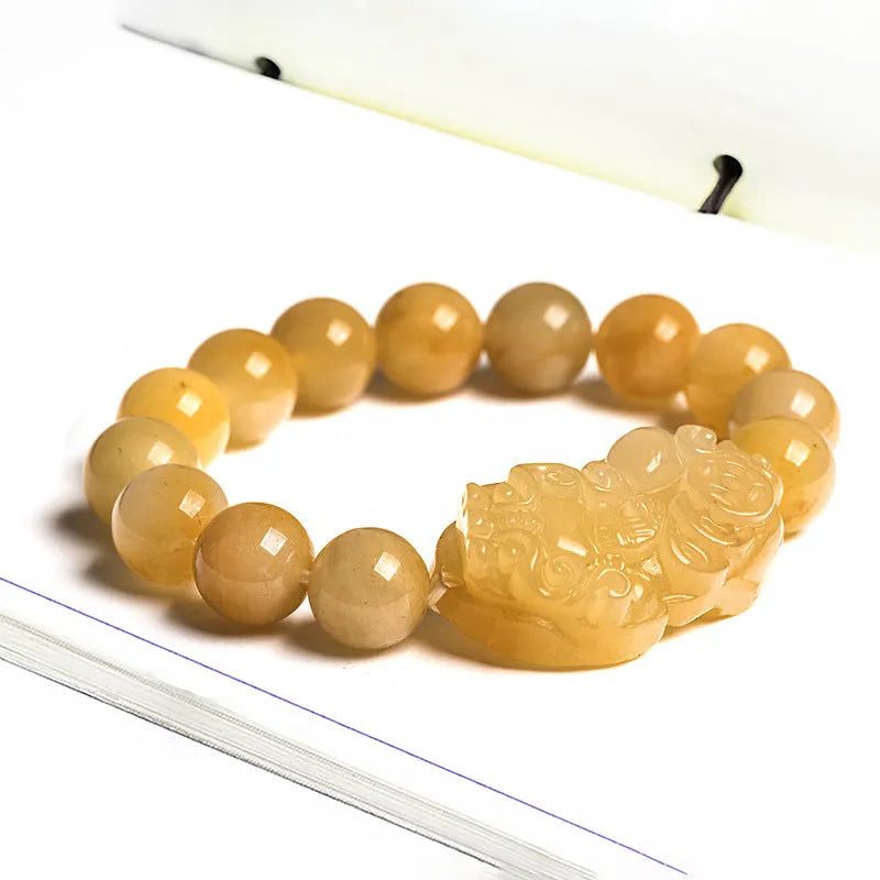 Carved Jinsi Jade Money bracelet showing large and small size options with measured jade beads.