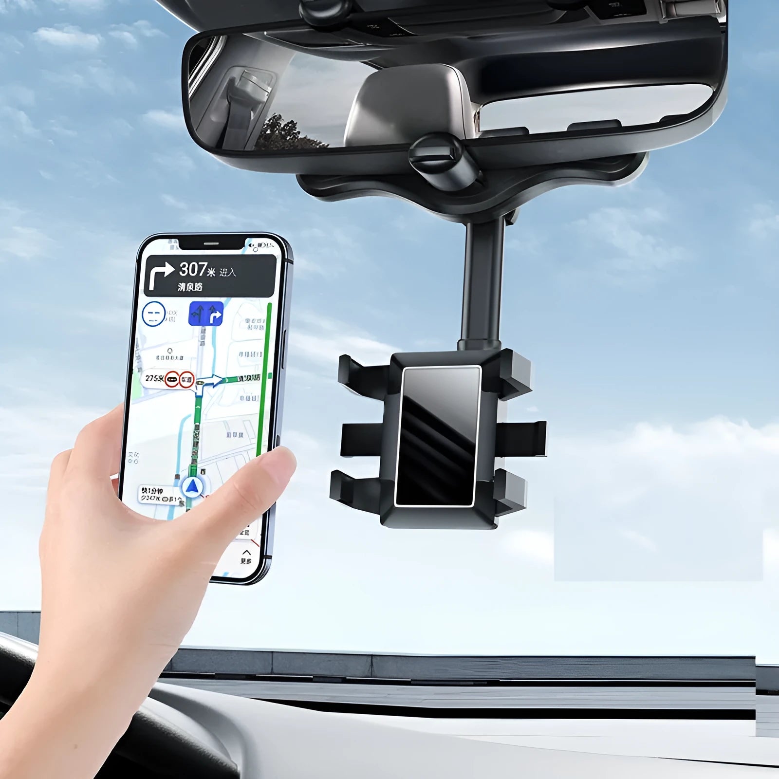 Adjustable rearview mirror navigation bracket showing left-right rotation mechanism