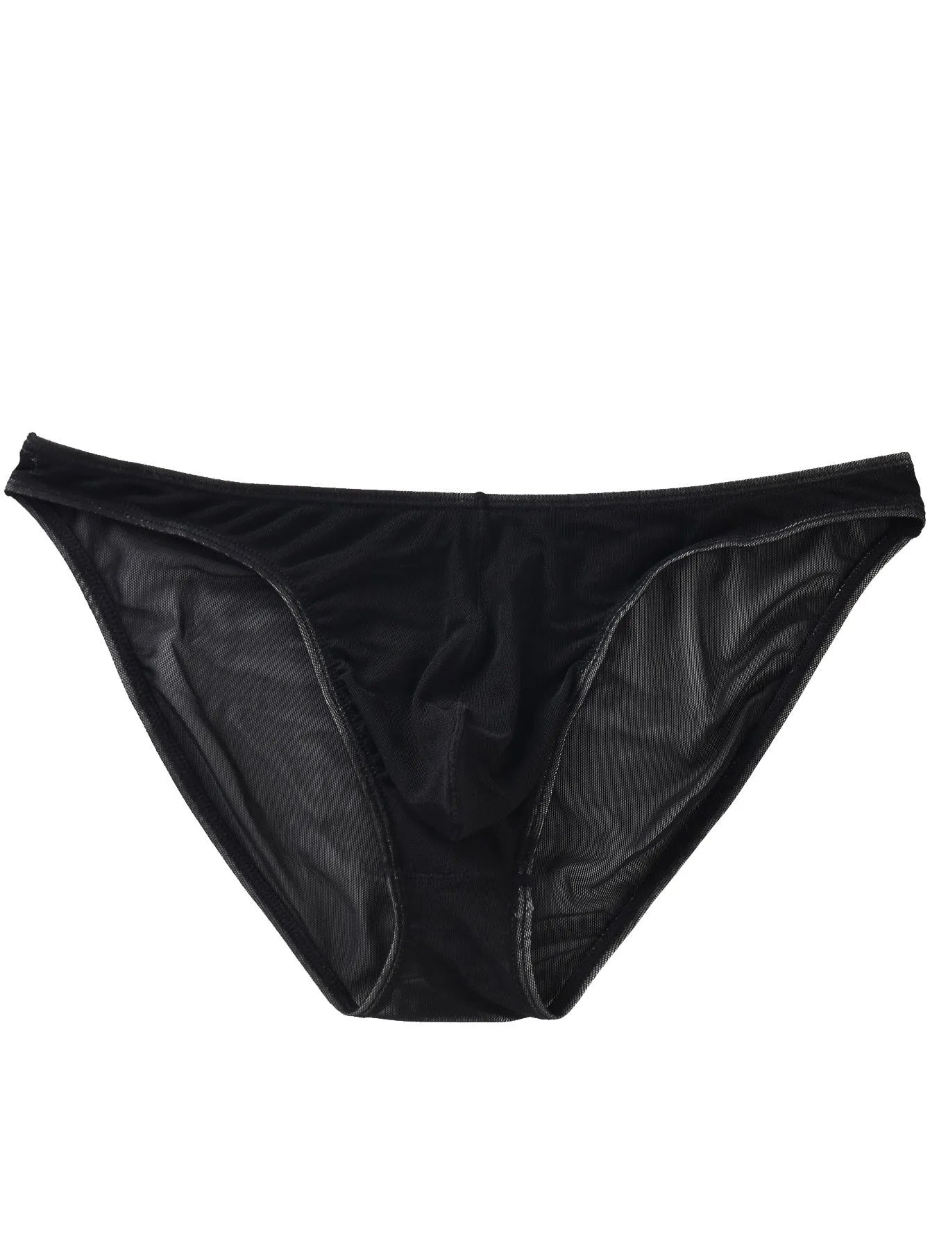 Men's black low-waist knitted nylon briefs laid flat, showing triangle style and quick-dry fabric texture.