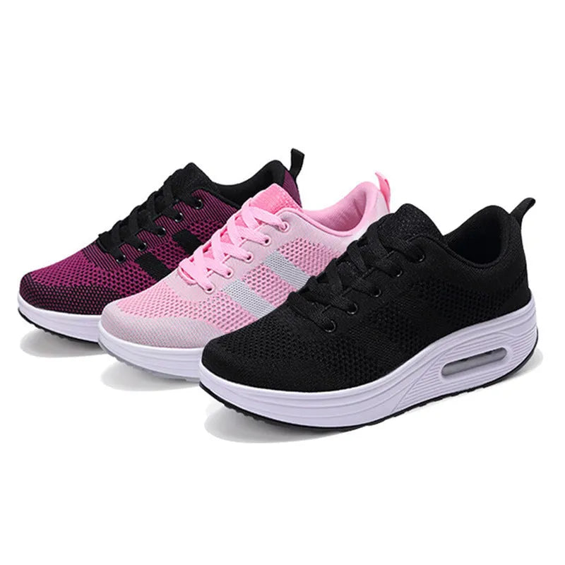 Women's solid colour flyknit platform casual shoes with an air cushion and T-shaped ribbon detail.
