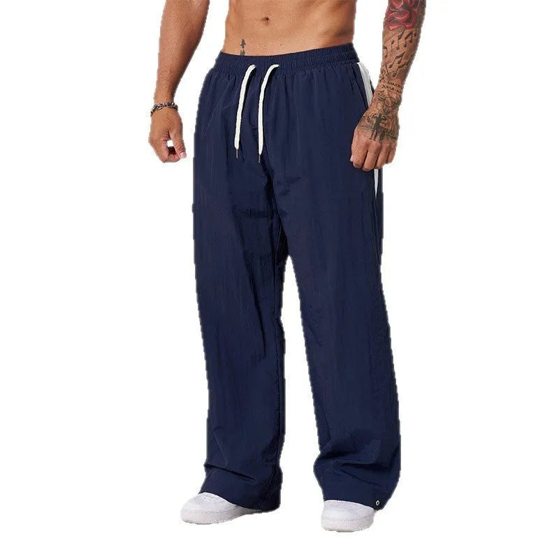 Men's loose fit cotton casual trousers in black, mid waist, relaxed leg