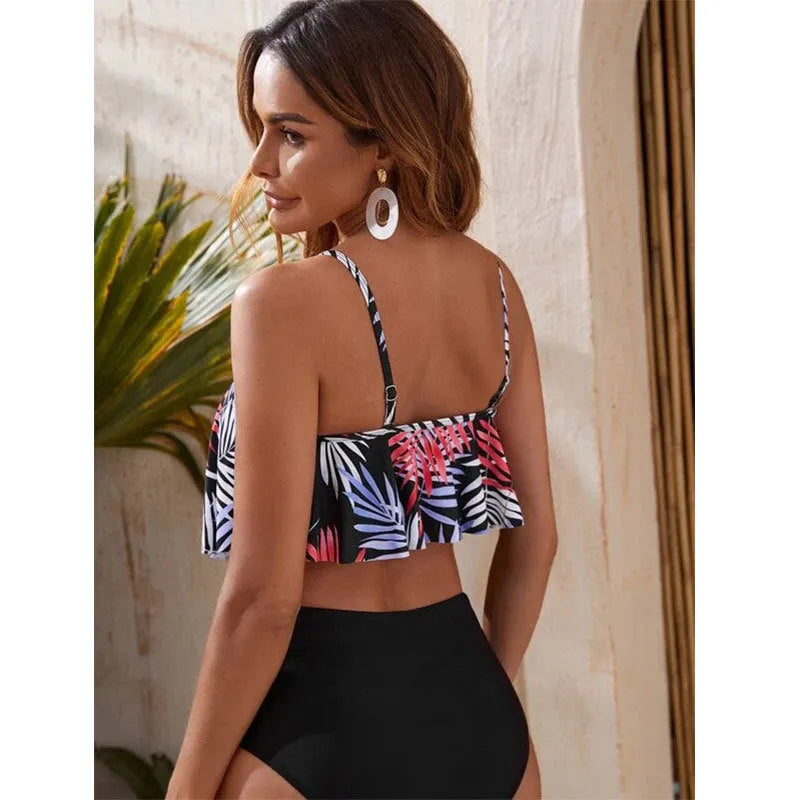 Women's high waist floral printed bikini swimsuit with spandex lining for swimming activities