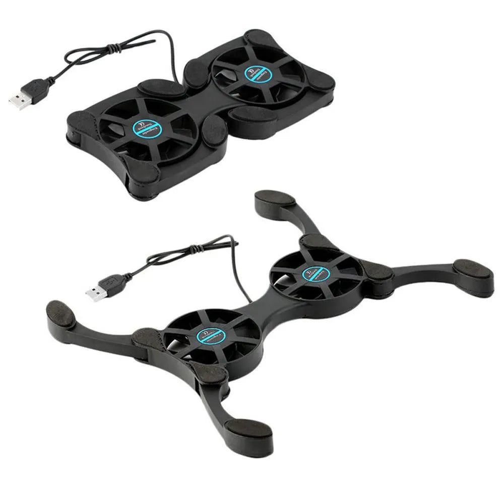 Portable folding black laptop cooling pad with dual 70mm fans and anti-slip surface