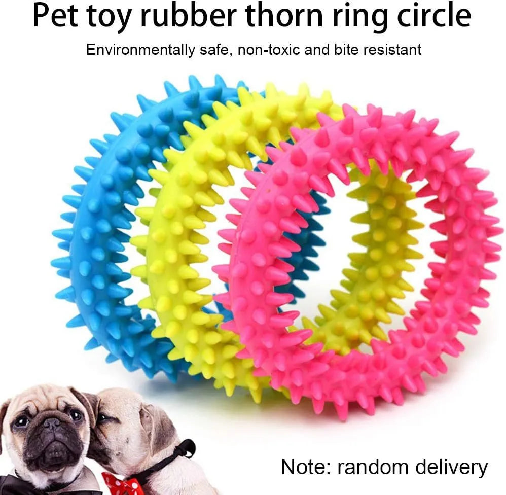 Blue TPR spiky circle ring dog chew toy for dental cleaning and bite-training.