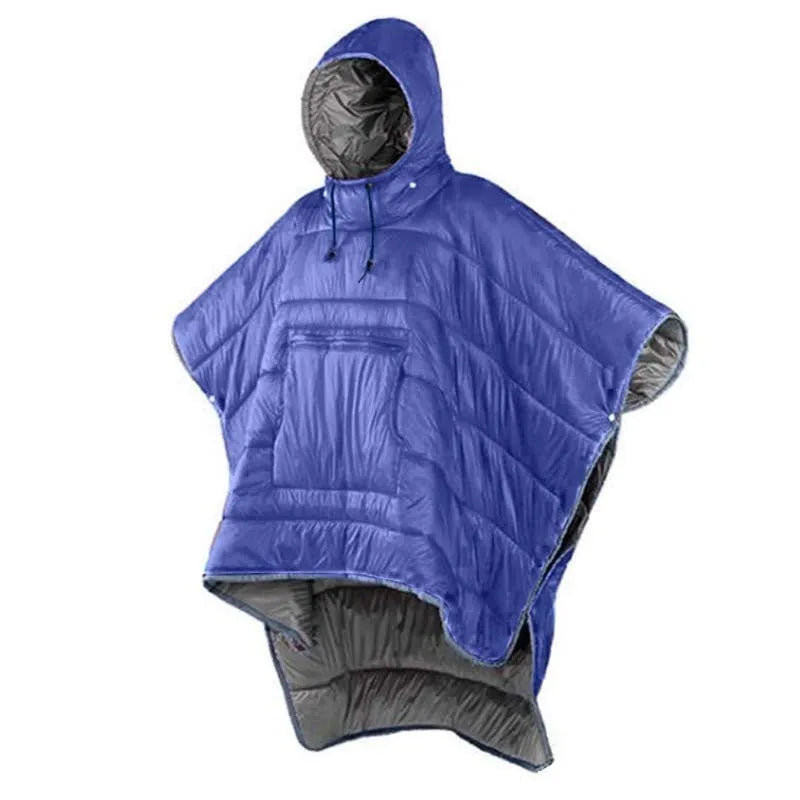 Outdoor cloak sleeping bag in grey colour showing wearable cape design and 200x140cm dimensions