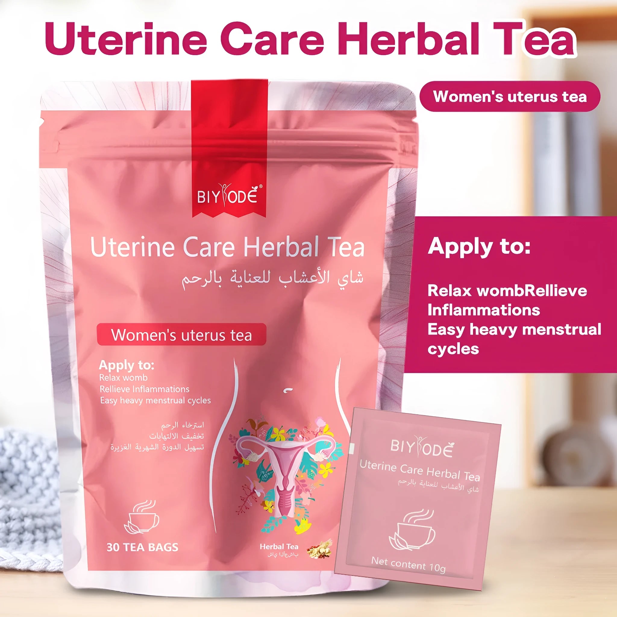 Bottle of uterine care herbal tea with 30 tea bags for womb relaxation and menstrual cycle balance