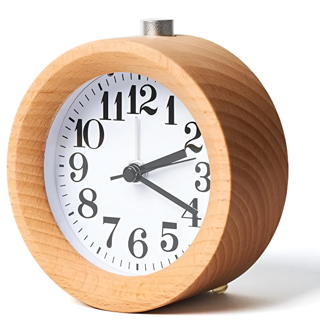 Square beech wood alarm clock with glass mirror and PVC dial, 9.5cm bedside timepiece