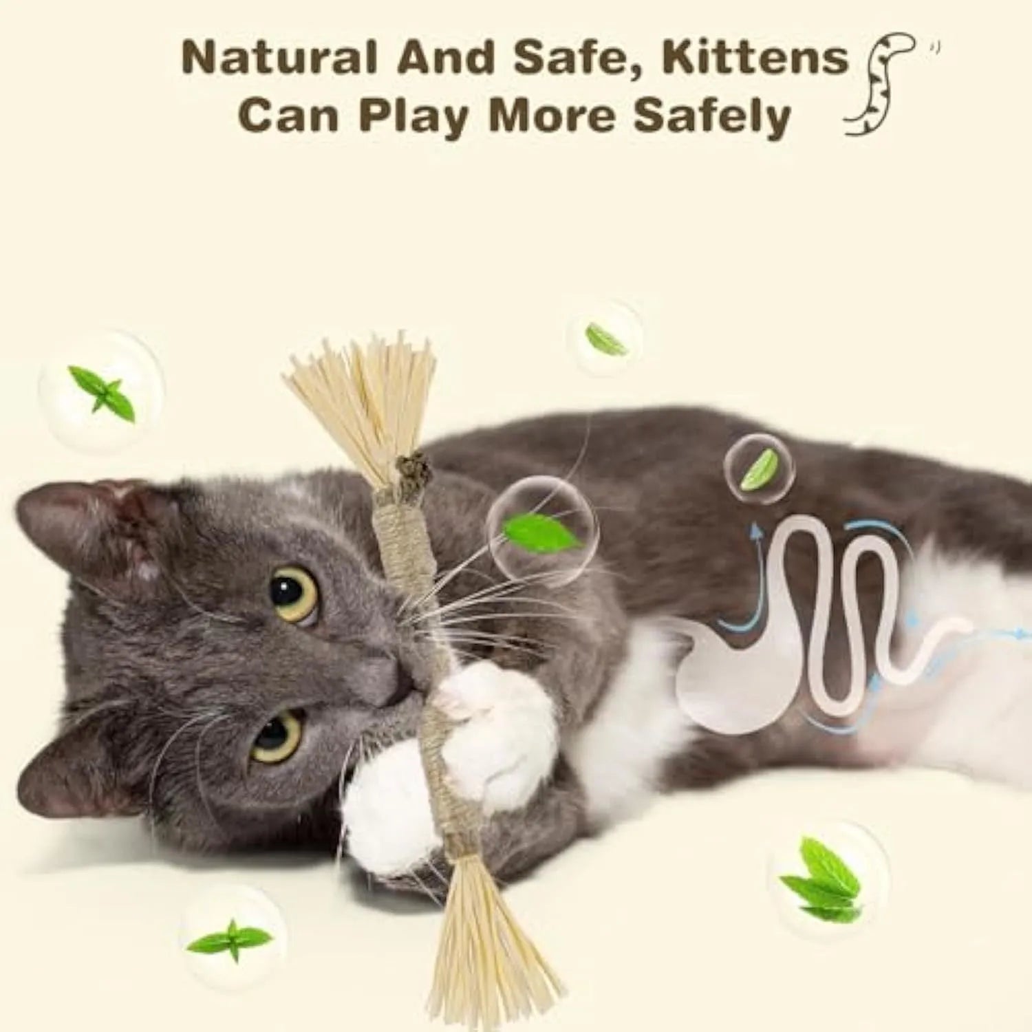 Three natural silvervine chew sticks for cats on a wooden surface.